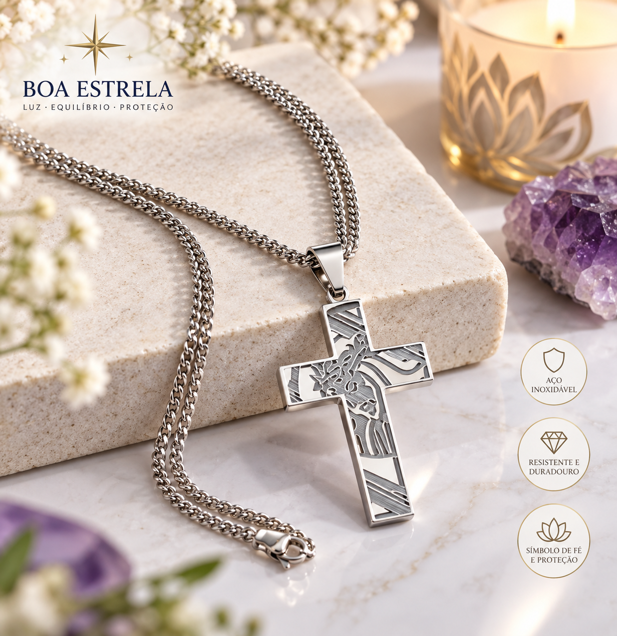 Colar com Crucifixo em Aço Inoxidável