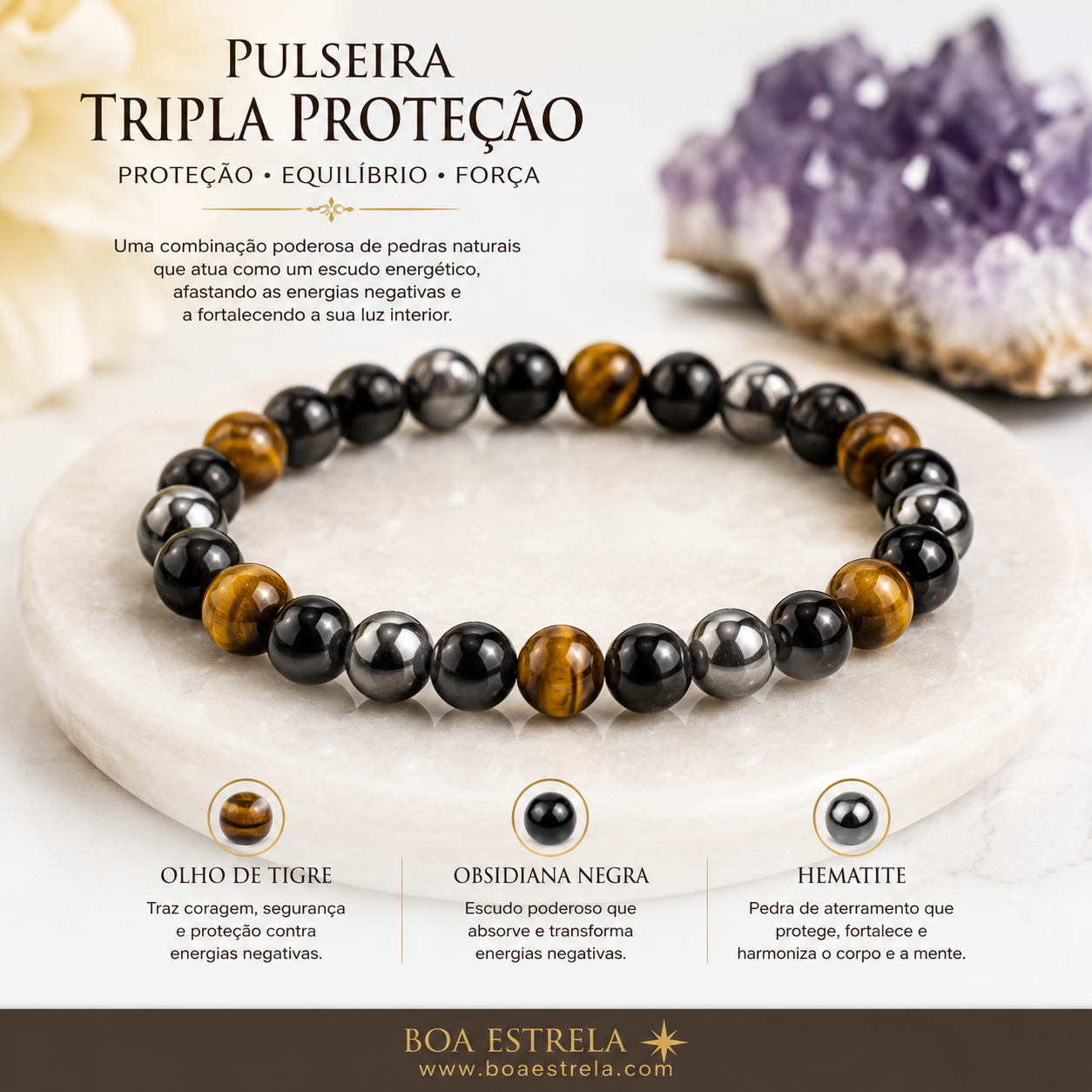 Pulseira tripla proteção com olho de tigre, hematite e obsidiana negra.
